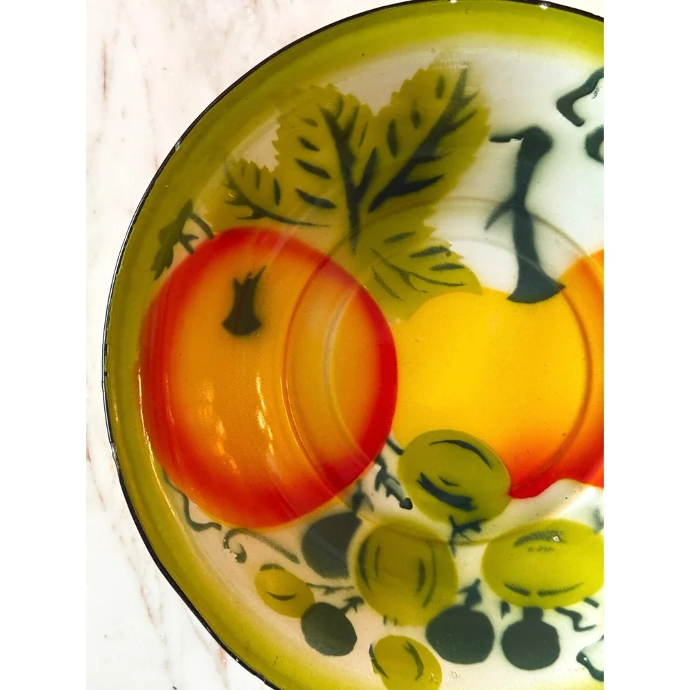 Vintage Mid Century Enamelware Bowl Fall Decor Pumpkin Tomato 12